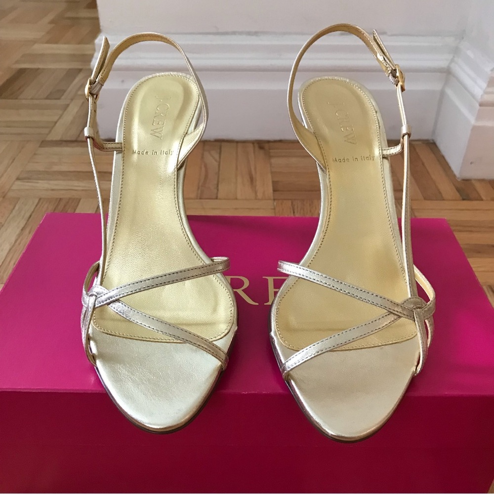 J. Crew Nicolette Heels in Platinum Gold Metallic Leather